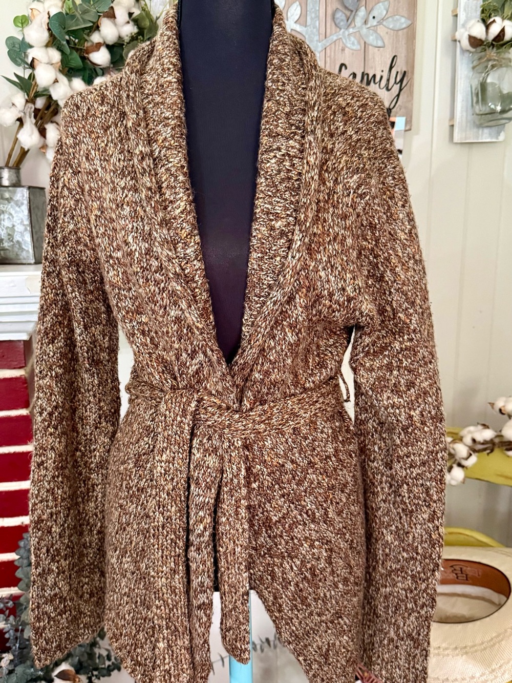 Marled Brown Knit Belted Cardigan Sweater